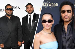 Ice Cube and O'Shea Jackson Jr. in black suits on a red carpet; Lisa Bonet in a strapless dress and sunglasses with Lenny Kravitz in a black suit at an event