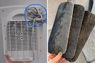 A cord bundler on the back of an air purifier and a hand holding three dirty ceiling fan filters