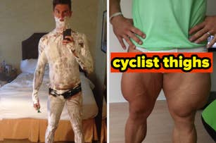 cyclist thighs and a man covered in shaving cream