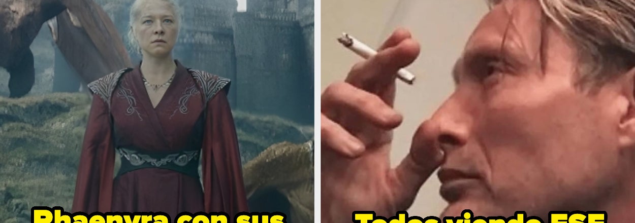 A la izquierda, Rhaenyra con sus nuevos dragones. A la derecha, hombre fumando con texto: "Todos viendo ESE final"