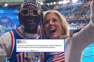 Flavor Flav and Jill Biden celebrate at the Olympics. Caption highlights Flavor Flav's support for the women's water polo team