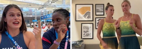 Two female Team USA athletes chatting over meals on the left; on the right, two female athletes in new Olympic gear dance with the caption "POV: Olympic gear arrived."