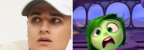 Two side-by-side images: left, a person wearing a white cap; right, animated character Disgust from "Inside Out" with text "Ca$h as Disgust???" below