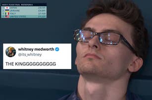 A man with glasses closes his eyes while scores for Japan, Ukraine, Italy, and the United States appear on screen. Whitney Medworth's tweet reads, "THE KINGGGGGGGGGGG"