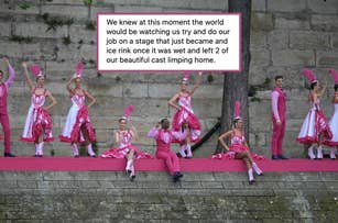 A group of performers in pink and white costumes are on a stage. The text above them mentions the hazards of performing on a wet stage, causing injuries among cast members