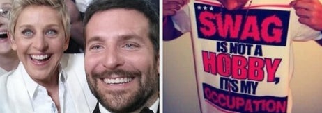 Ellen DeGeneres, Bradley Cooper, and other celebrities take a selfie at an event; a man wearing a hat and a shirt that reads "SWAG IS NOT A HOBBY, IT'S MY OCCUPATION."