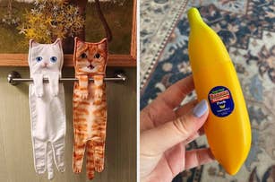 two cat dish towels; buzzfeeder holding a banana-shaped moisturizer 