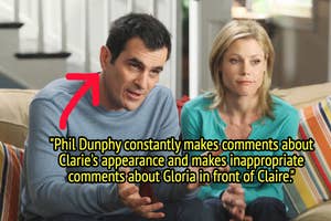 Phil Dunphy and Claire are sitting on a couch. The text reads, "Phil Dunphy constantly makes comments about Claire's appearance and makes inappropriate comments about Gloria in front of Claire."