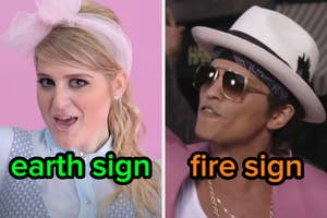 On the left, Meaghan Trainor in the All About That Bass music video labeled earth sign, and on the right, Bruno Mars in the Uptown Funk music video labeled fire sign