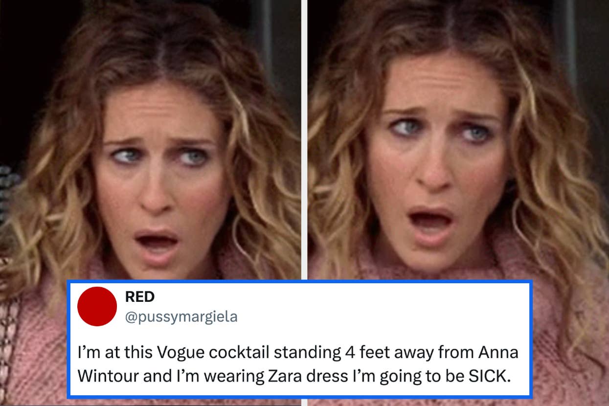 Split screen shows a woman looking surprised in both frames. Tweet reads: "I'm at this Vogue cocktail standing 4 feet away from Anna Wintour and I'm wearing Zara dress I'm going to be SICK."