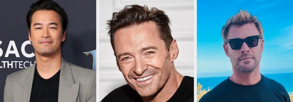 Ki Hong Lee in a grey suit, Hugh Jackman in a black shirt, and Chris Hemsworth in a casual T-shirt with "Dynamic T-Shirt Day" text, posing separately