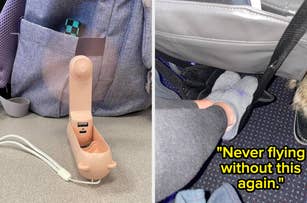 Portable fan plugged in on a gray backpack next to someone using it on a flight with text overlay: "Never flying without this again."
