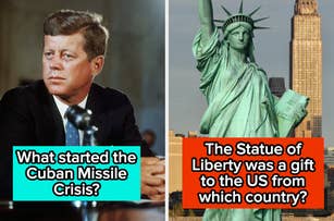 Left: John F. Kennedy during the Cuban Missile Crisis. Right: Statue of Liberty with text "The Statue of Liberty was a gift to the US from which country?"