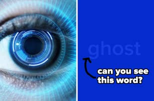 A close-up of a human eye with a holographic interface on the left, and the word "ghost" barely visible on the right, with text "can you see this word?" and an arrow pointing to it
