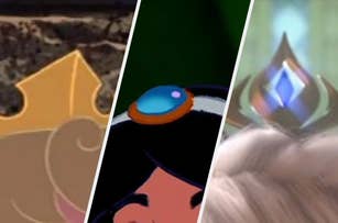 Tiaras of three animated characters: Aurora from Sleeping Beauty, Jasmine from Aladdin, and Elsa from Frozen