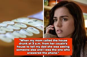 A landline telephone with the buttons lit up and Ana de Armas on the phone. Text: "When my mom called the house drunk at 3 a.m. from her cousin's house to tell my dad she was seeing someone else and I was the one who answered the phone."