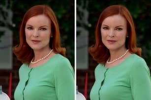 Marcia Cross is depicted twice in a side-by-side image, wearing a green cardigan and a pearl necklace. The background is a suburban setting