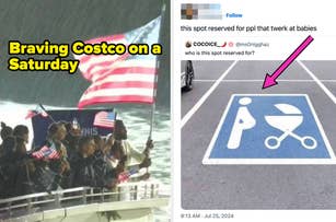 Left: Twitter post by "jenna" showing a cat standing on hind legs and touching the refrigerator's water dispenser with a paw. 

Right: Twitter post by "Qadi" with an image of an altered handicap parking sign that reads "this spot reserved for ppl that twe