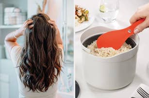 Woman holding her head, and a hand scooping rice from a rice cooker with a red spatula