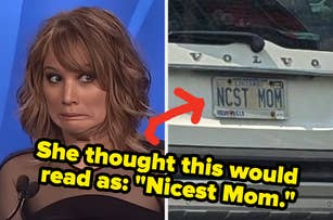 Jennifer Lawrence making a surprised face next to a car with a license plate that reads "NCST MOM." The text overlay says, "She thought this would read as: 'Nicest Mom.'"