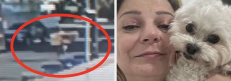 左側には映像の一部で赤い円で囲まれた人物。右側には犬を抱える笑顔の女性。